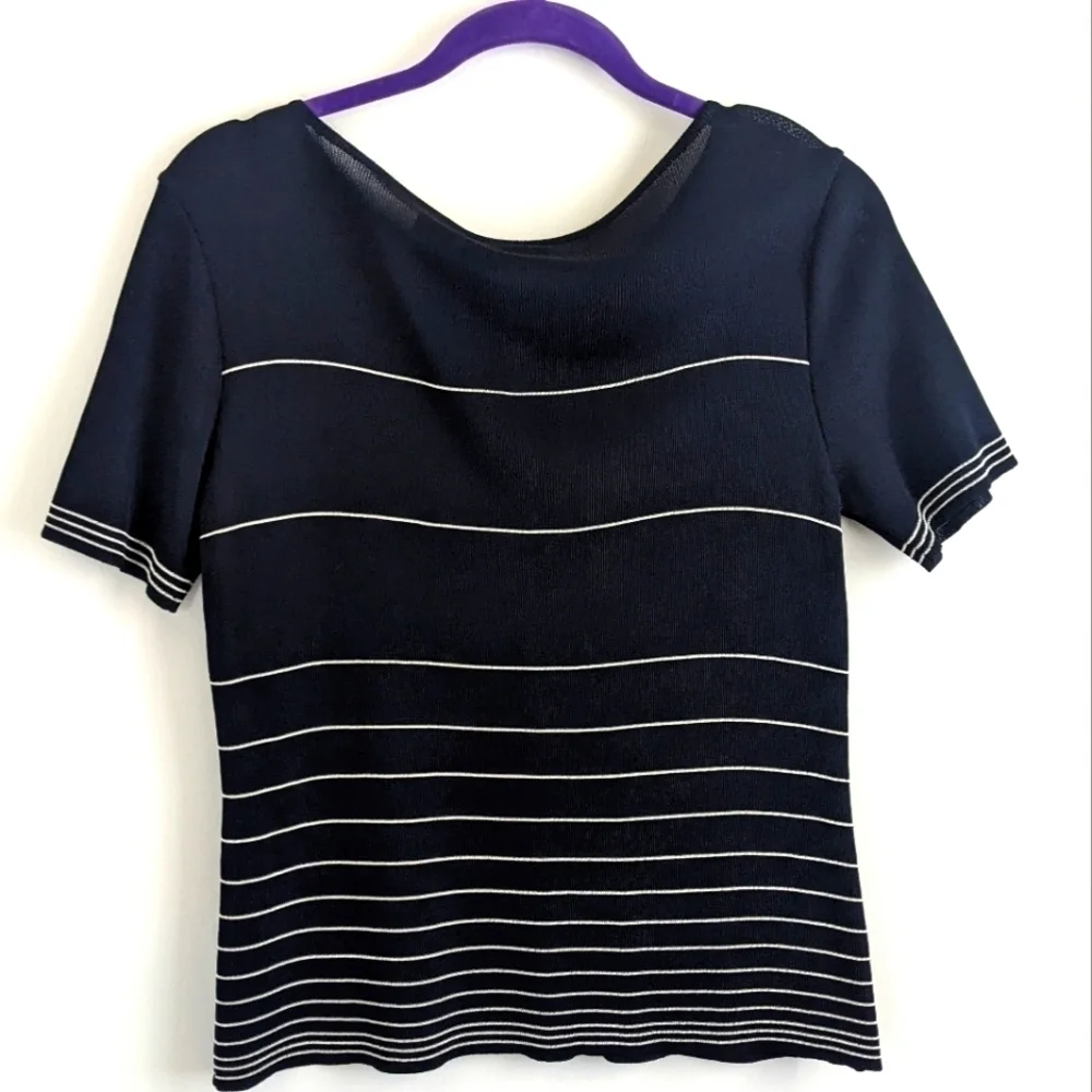 𝅺FINE Knit Navy Blue Short Sleeve Sweater M Striped Top